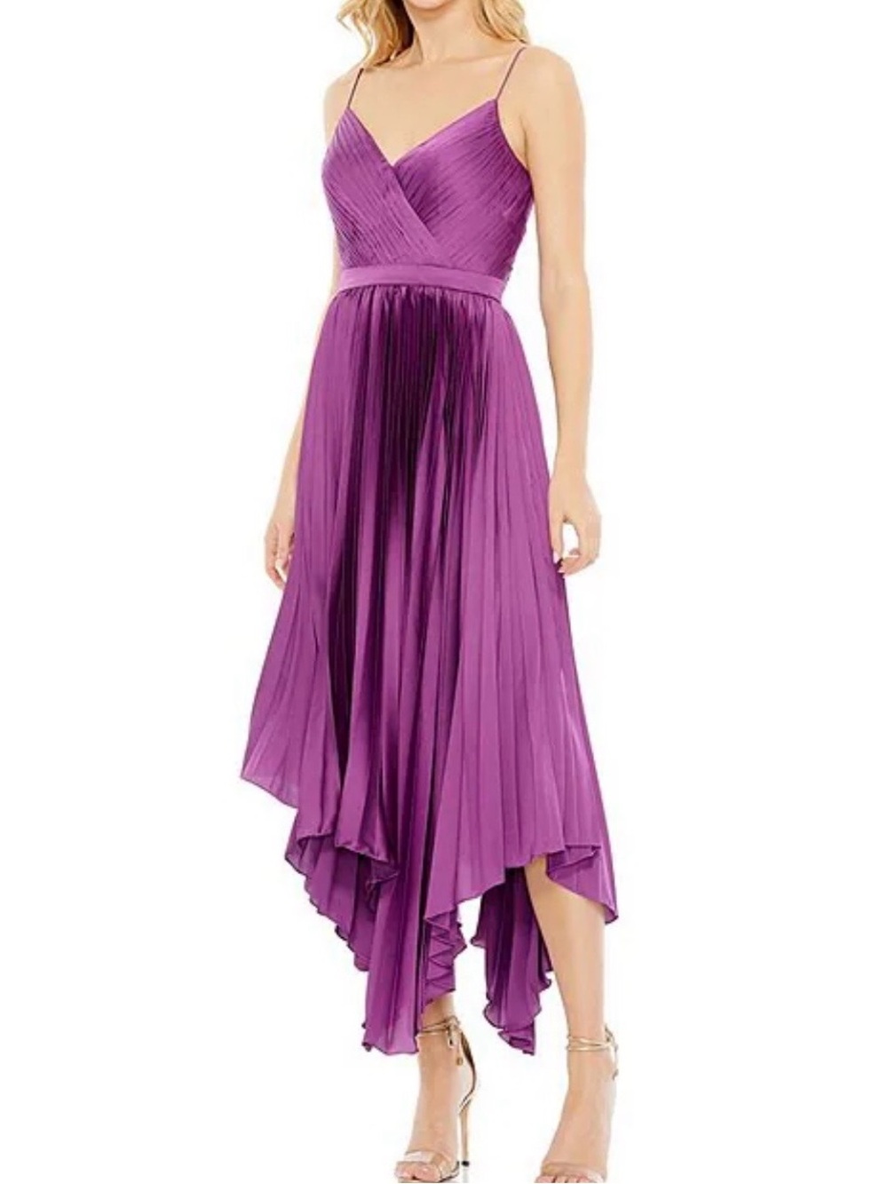 NWT - Ieena for Mac Duggal Satin V-Neck Flowy Pleated Midi Dress - Size 14